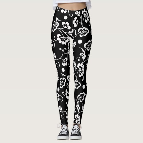 Black White Floral Polka Dot Leggings