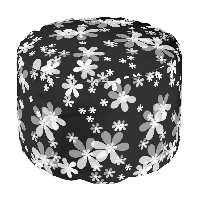 black white floral pouf (Angled Front)