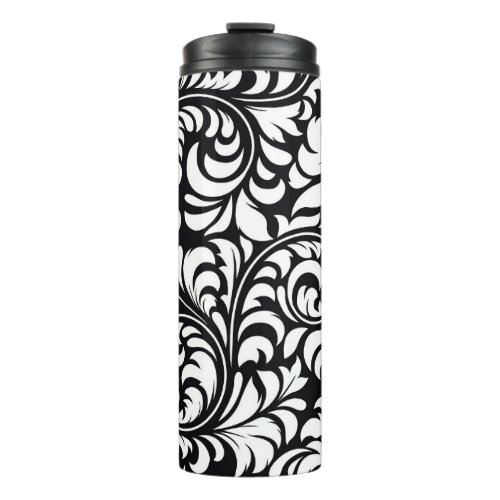 Black  White Floral  Print Thermal Tumbler  12 oz