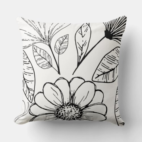 Black  White Floral Print Throw Pillow