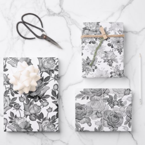 Black White Floral Rose Wrapping Paper Set of 3