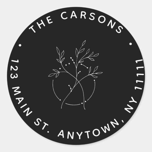 Black & White Floral Round Return Address Label (Front)