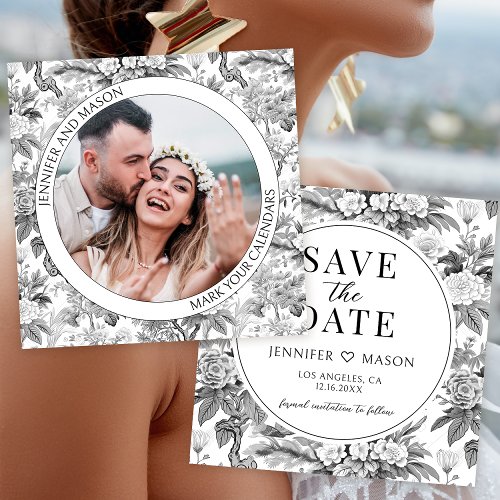 Black white floral Save the Date photo invitation