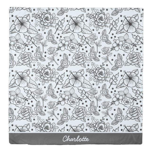 Black & white floral seamless pattern with name  duvet cover (Front)