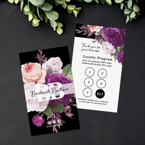 Black  White Floral Service Loyalty 5_Stamp Punch Business Card