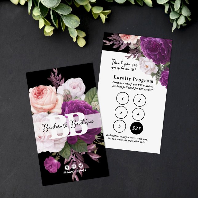 Black & White Floral Service Loyalty 5-Stamp Punch Business Card (Creator Uploaded)