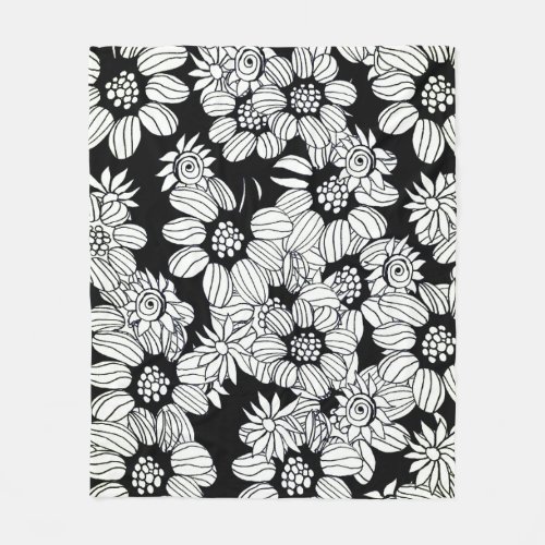 Black  White Floral Sketch  Fleece Blanket