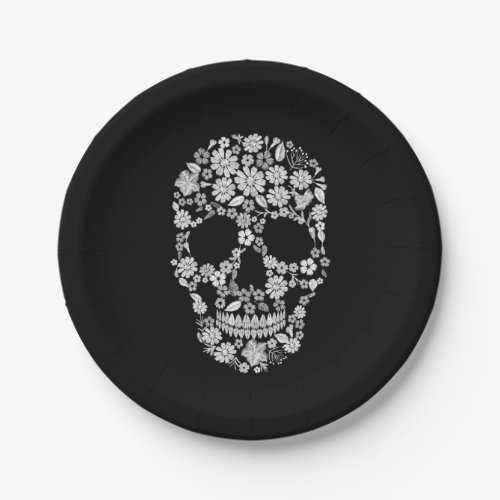 Black White Floral Skull Halloween Paper Plate
