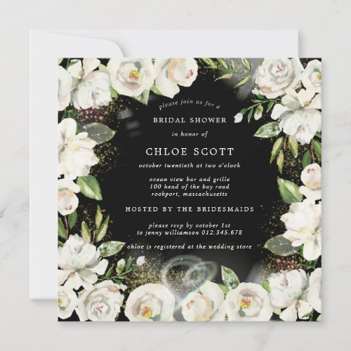 Black White Floral Square Bridal Shower Invitation