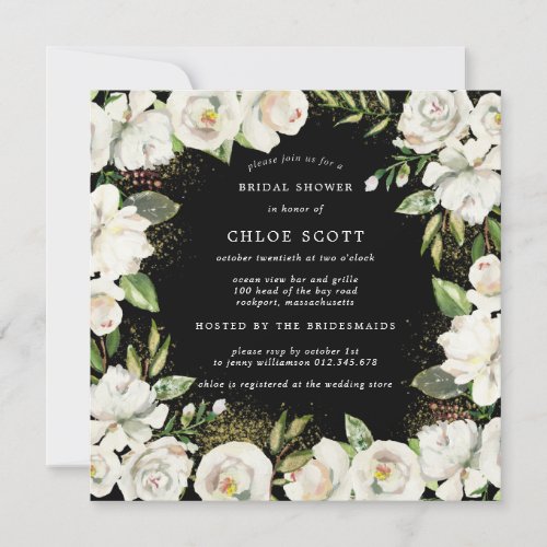 Black White Floral Square Bridal Shower Invitation