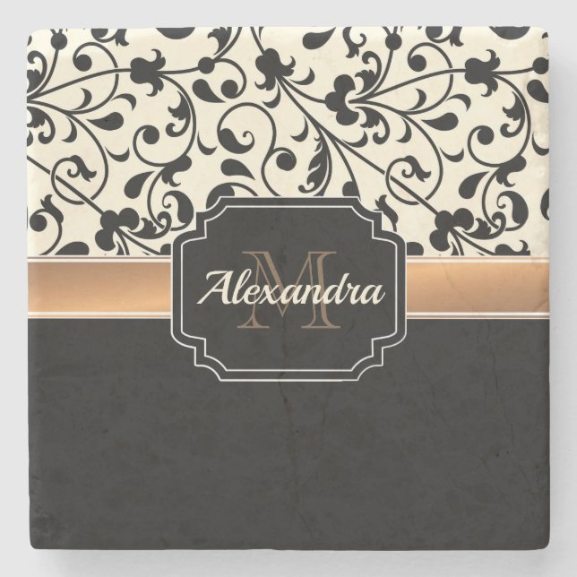 Black & White Floral Stone Coaster (Front)