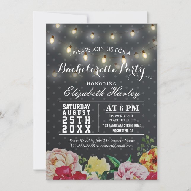 Black White Floral String Light Bachelorette Party Invitation (Front)