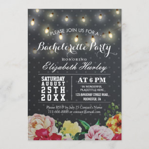 Black White Floral String Light Bachelorette Party Invitation