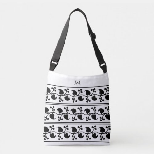 Black White Floral Stripe Chic Optional Monogram Crossbody Bag