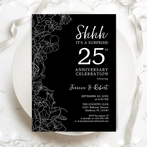Black White Floral Surprise 25th Anniversary Invitation