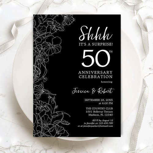 Black White Floral Surprise 50th Anniversary Invitation