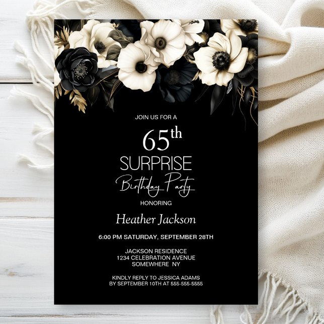 Black White Floral Surprise 65th Birthday Party Invitation (Creator Uploaded)