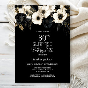 Black White Floral Surprise 80th Birthday Party Invitation