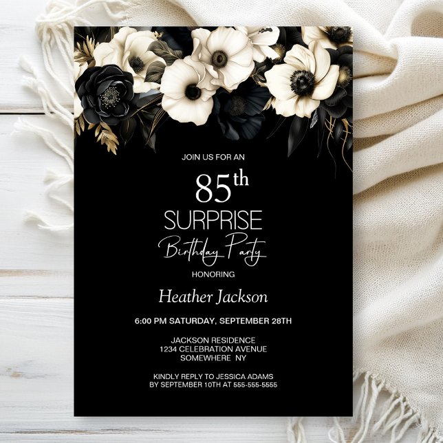 Black White Floral Surprise 85th Birthday Party Invitation (Creator Uploaded)