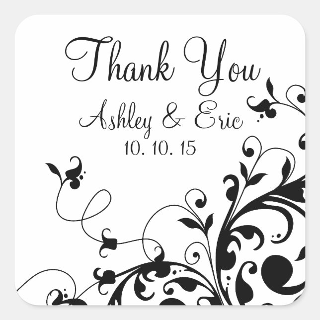 Black White Floral Swirl Wedding Favor Sticker (Front)