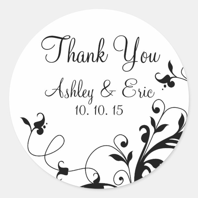 Black White Floral Swirl Wedding Favor Sticker (Front)