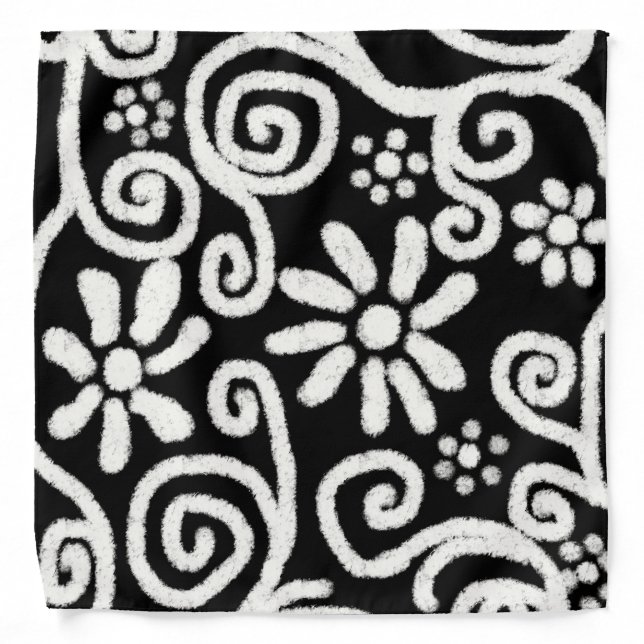 Black White Floral & Swirls Flowers Flower Pattern Bandana (Front)