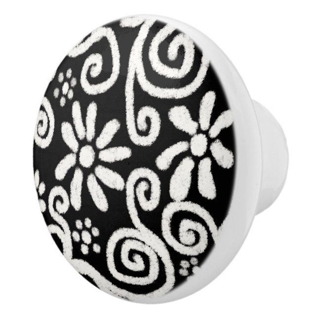 Black White Floral & Swirls Flowers Flower Pattern Ceramic Knob (Right)
