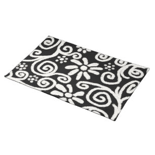Black White Floral & Swirls Flowers Flower Pattern Cloth Placemat