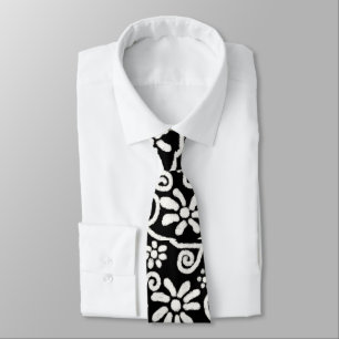 Black White Floral & Swirls Flowers Flower Pattern Neck Tie