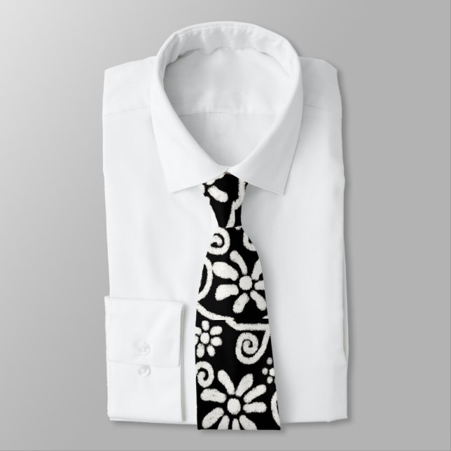 Black White Floral & Swirls Flowers Flower Pattern Neck Tie (Tied)