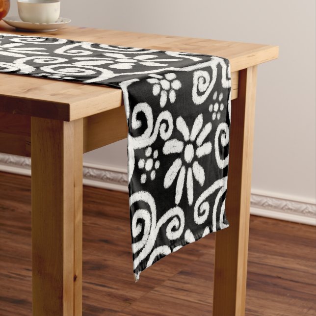 Black White Floral & Swirls Flowers Flower Pattern Short Table Runner (In Situ)