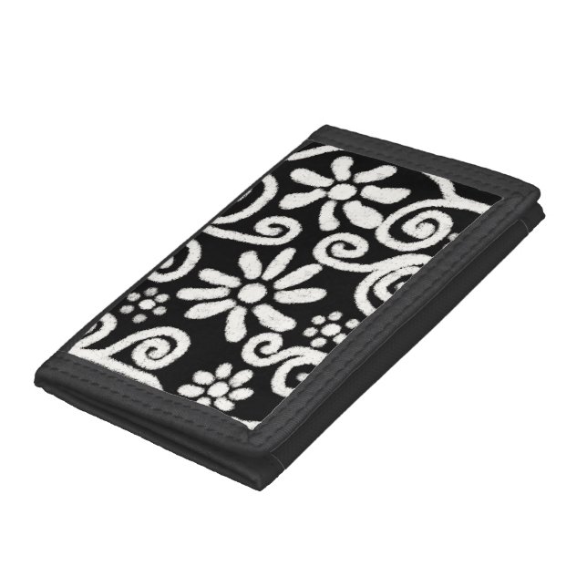 Black White Floral & Swirls Flowers Flower Pattern Trifold Wallet (Bottom)