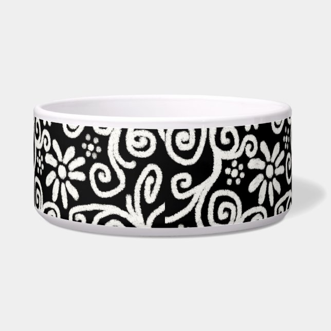 Black White Floral & Swirls Flowers Flower Swirl Bowl (Front)