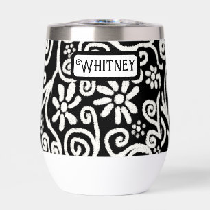 Black White Floral & Swirls Flowers Personalized Thermal Wine Tumbler