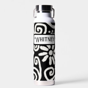 Black White Floral & Swirls Flowers Personalized Water Bottle