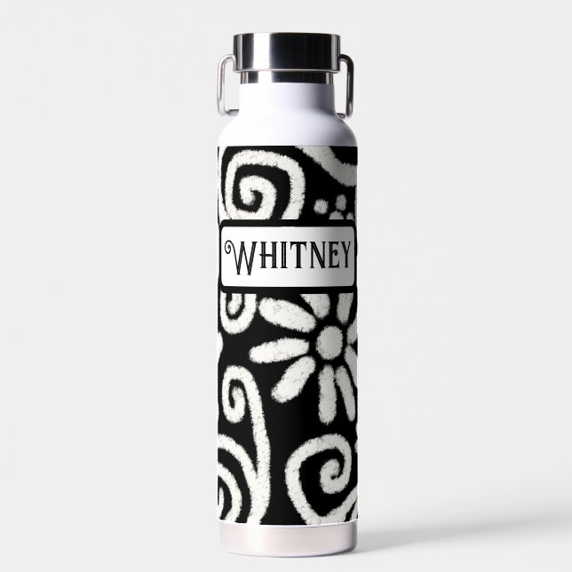 Black White Floral & Swirls Flowers Personalized Water Bottle (Front)