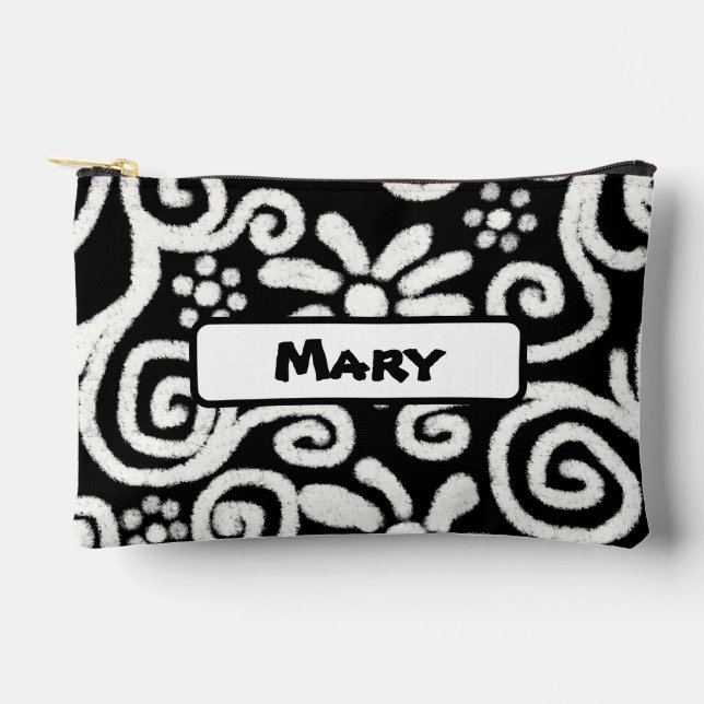 Black White Floral Swirls Pattern Personalized Accessory Pouch (Front)