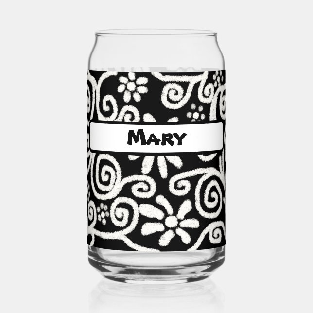 Black White Floral Swirls Pattern Personalized Can Glass (Front)