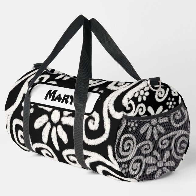 Black White Floral Swirls Pattern Personalized Duffle Bag (Right Corner)
