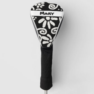 Black White Floral Swirls Pattern Personalized Golf Head Cover