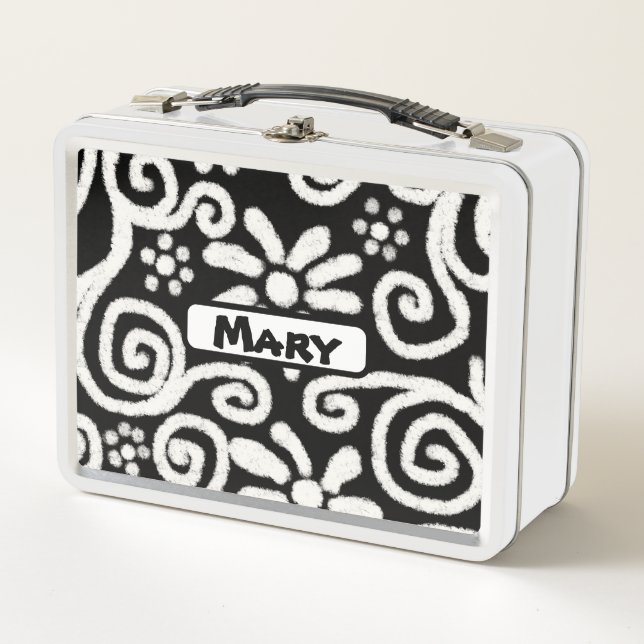 Black White Floral Swirls Pattern Personalized Metal Lunch Box (Front)