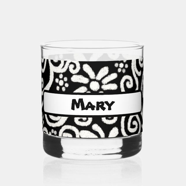 Black White Floral Swirls Pattern Personalized Whiskey Glass (Front)