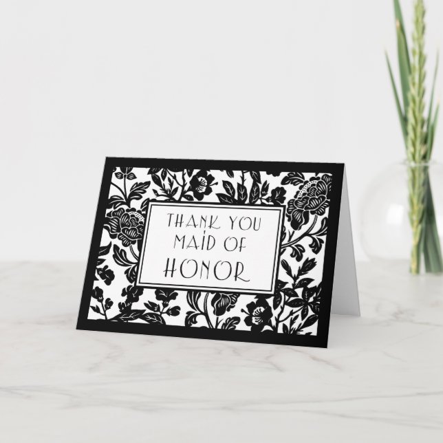 Black & White Floral Thank You Maid of Honor Card (Front)