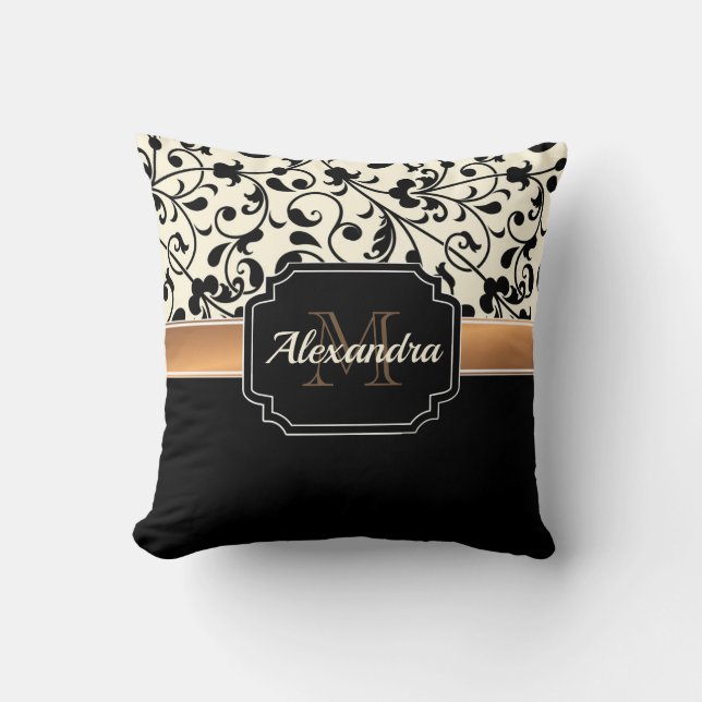 Black & White Floral Throw Pillow (Front)