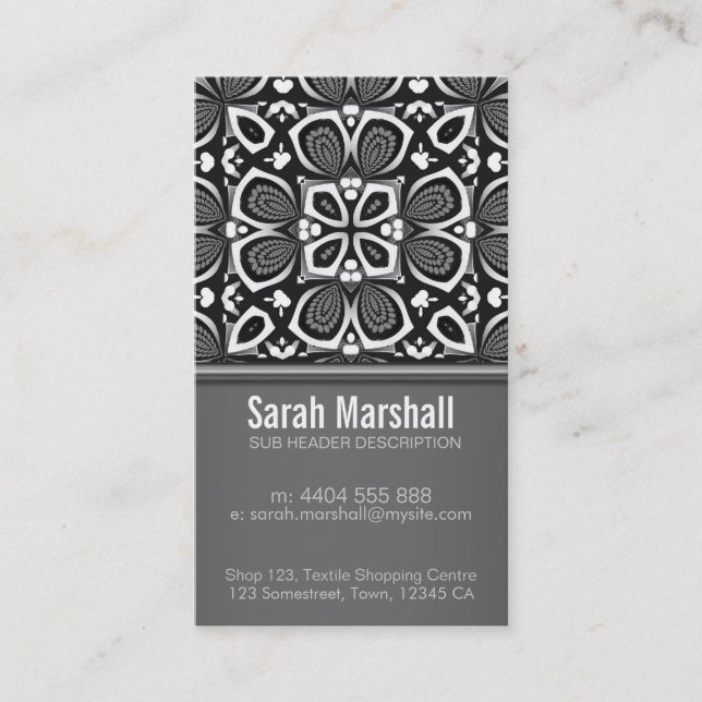 Black+White Floral Tiles w/ Logo Business Card (Front)