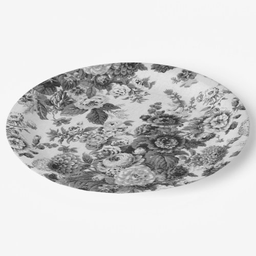 Black  White Floral Toile No3 Paper Plate