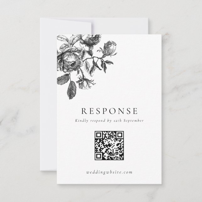Black & White Floral Toile Wedding QR Code RSVP Card (Front)