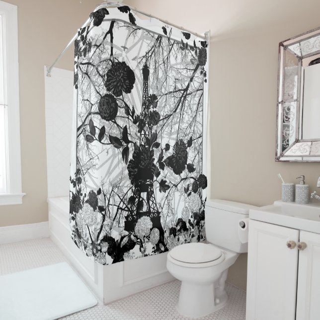 Black White Floral Trees Eiffel Tower Dramatic Shower Curtain (In Situ)