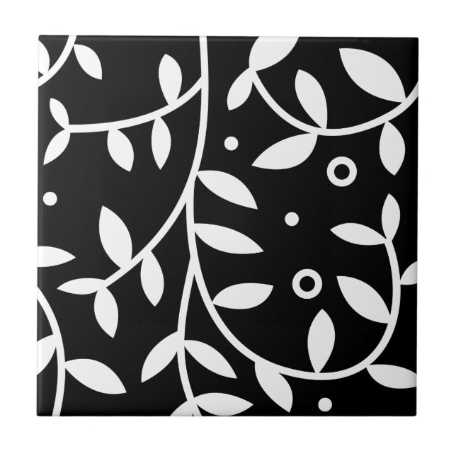 Black & White Floral Vines Contemporary Ceramic Tile (Front)