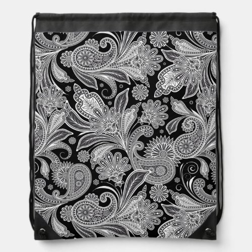 Black  White Floral Vintage Paisley Pattern Drawstring Bag